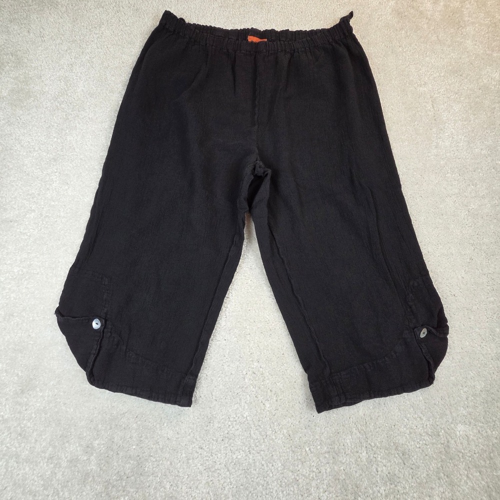 Oh My Gauze! Black Cotton Gauze Cropped Pants Elastic Waist Button Hem Small 1
